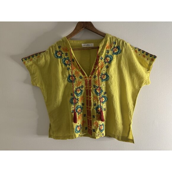 NATURAL LIFE Tops - Natural Life Vibrant Chartreuse Cotton Top Short Sleeve Embroidered Hippie Small